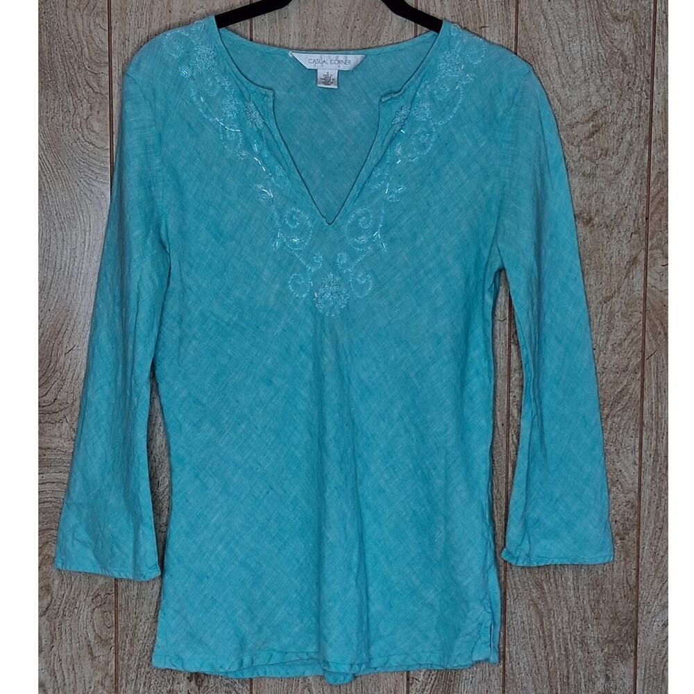 Ladies Casual Corner Teal Green 100% Linen 3/4 Length Sleeve Size 4